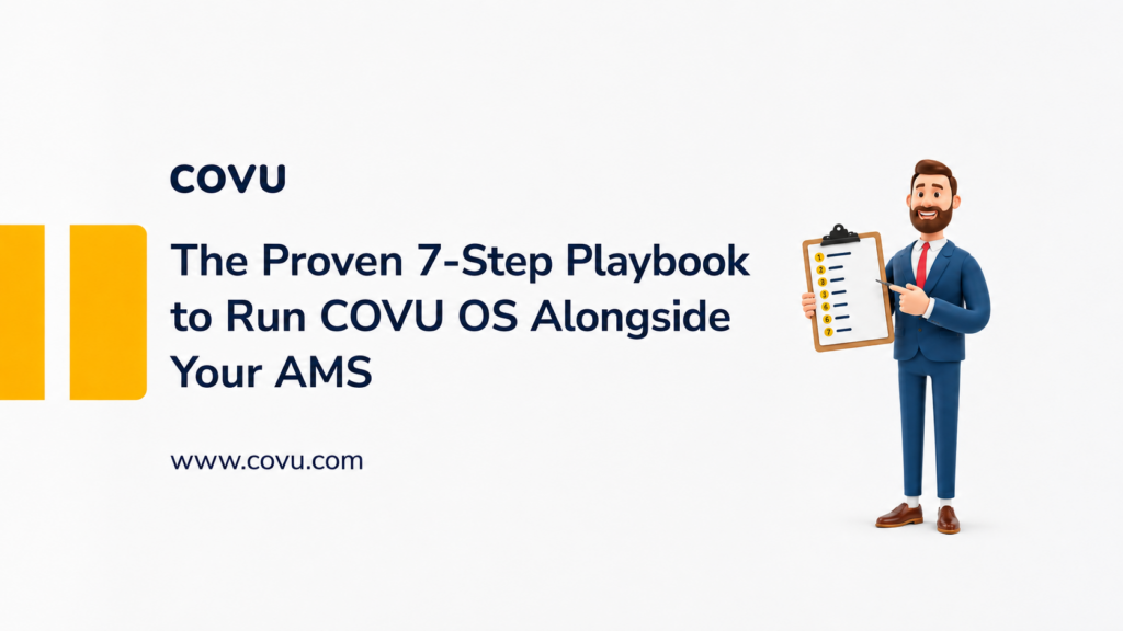 COVU OS deployment running alongside Applied Epic, AMS360, EZLynx, HawkSoft, and NowCerts as a routing and execution layer above the existing AMS